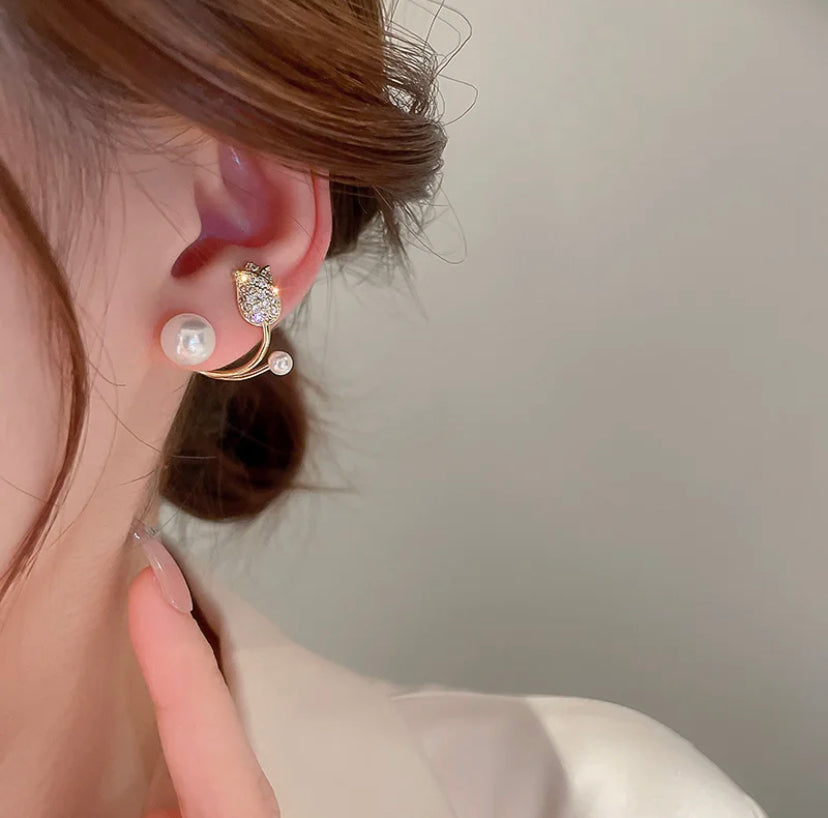 Rhinestone Embellished Artificial Pearl Design Round Shape Korean Fashion  Wholesale Women Earrings - Golden