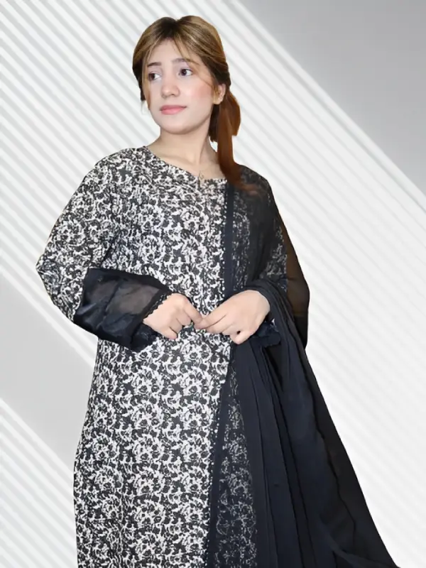 3 Piece Black Cat Printed Stitched Dress
